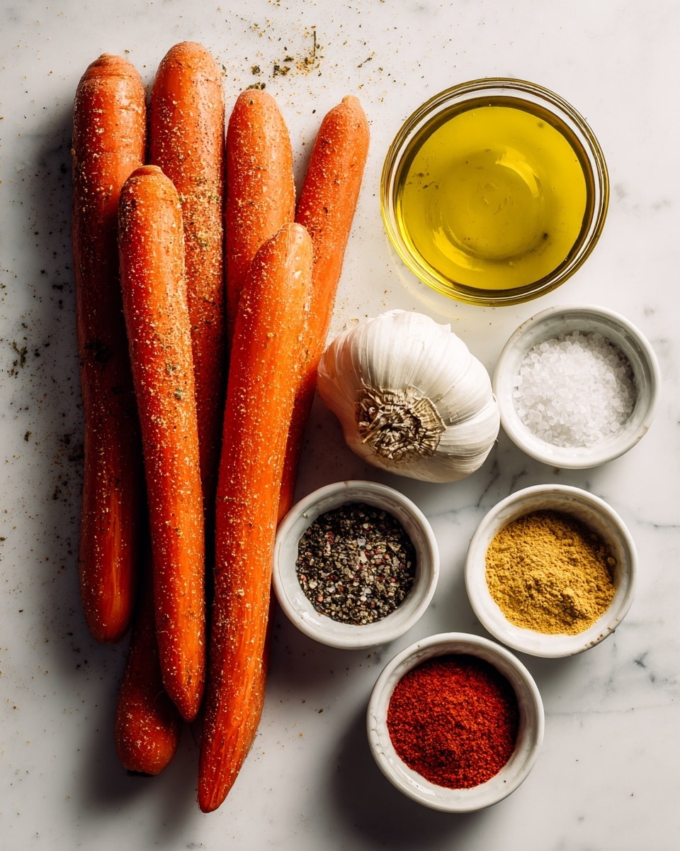 The image shows four whole carrots laid side by side on the left, covered with a light sprinkle of spices. Below them, two whole garlic bulbs rest on the white marbled surface. To the right of the carrots, there is a clear glass bowl filled with golden olive oil. Below the olive oil are four small white bowls, each containing different spices: the top bowl has a coarse-ground black pepper mix, the middle bowl holds coarse salt with some whole black pepper, the bottom right bowl shows a yellowish spice powder, and the bottom left bowl contains a vibrant red spice powder. The overall setting is neat, with the items arranged closely but not crowded, on a white marbled background. Photo taken with an iphone --ar 4:5 --v 7