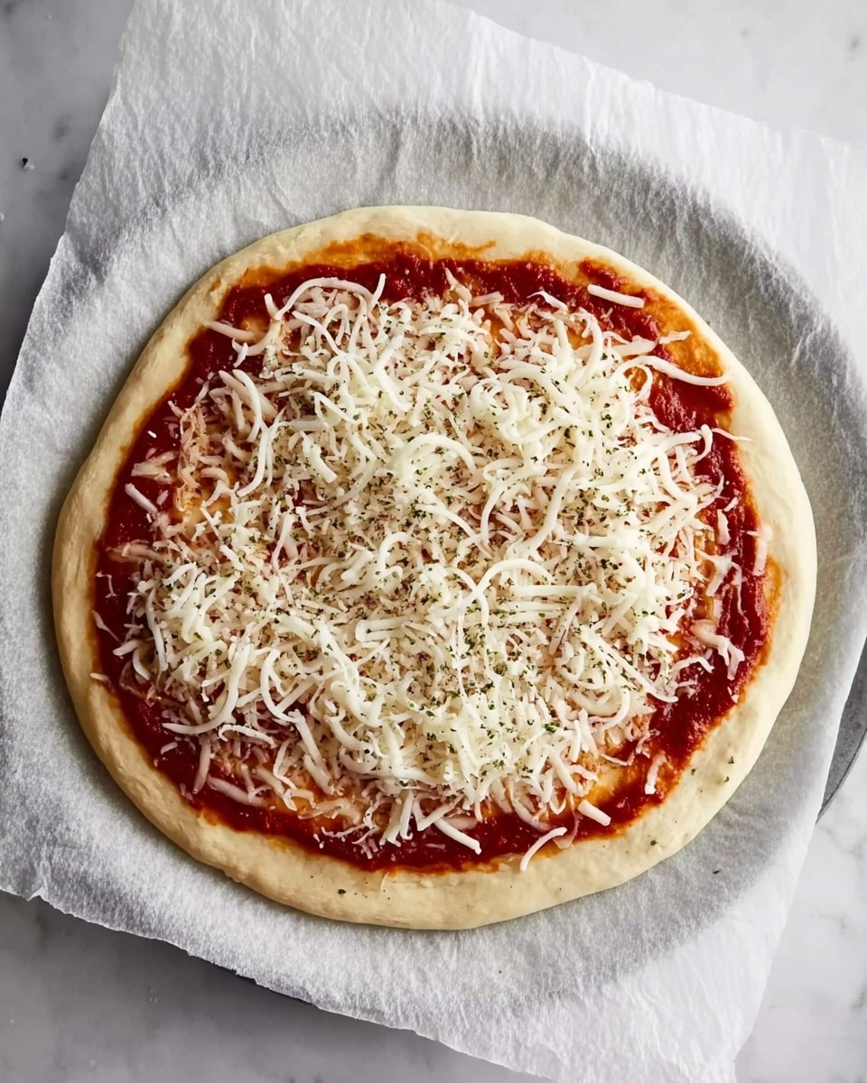 A pizza with three layers lies on parchment paper on a white marbled surface. The bottom layer is a light beige dough crust with a soft texture and slightly raised edges. The middle layer is a rich red tomato sauce spread evenly, leaving the outer crust visible. The top layer is a generous sprinkling of white shredded cheese covering the sauce, with some small greenish-brown herbs scattered over the cheese. The pizza is placed on a white plate. Photo taken with an iphone --ar 4:5 --v 7