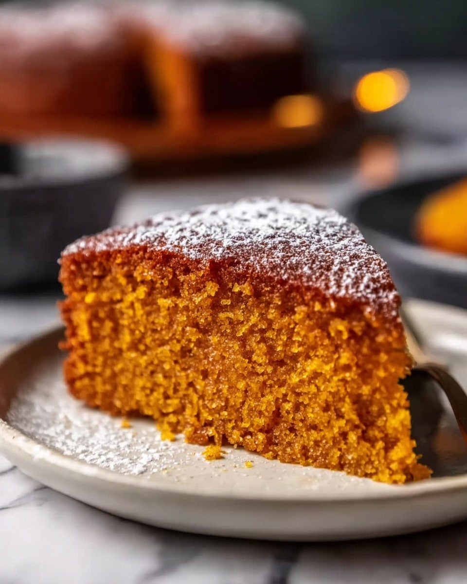 A single slice of moist orange-brown cake with a slightly rough texture is placed on a white plate. The top layer is dusted lightly with white powdered sugar, contrasting with the warm tone of the cake. The cake sits on a white marbled surface, with a blurred background showcasing another piece of the cake and some warm light effects, creating a cozy feel. Photo taken with an iphone --ar 4:5 --v 7