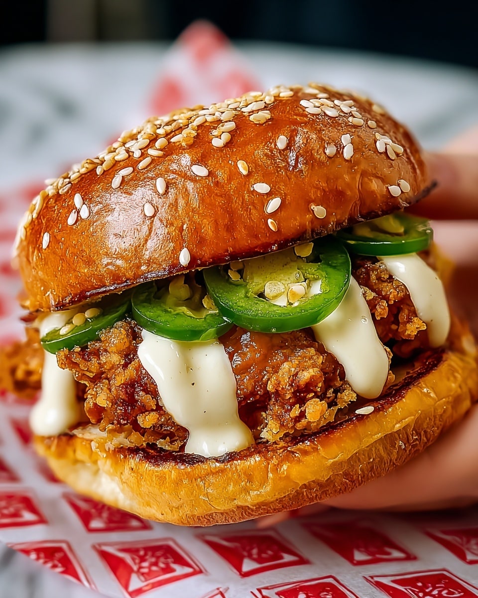 A close-up of a sandwich with three layers: the bottom layer is a soft, light brown bun, the middle layer is crispy, golden brown fried chicken with a crunchy texture, and the top layer has sliced green jalapeños and thick white mayo drizzled in a wavy pattern. The sandwich is held by a woman's hand and placed on red and white checkered paper, all set against a white marbled surface. photo taken with an iphone --ar 4:5 --v 7