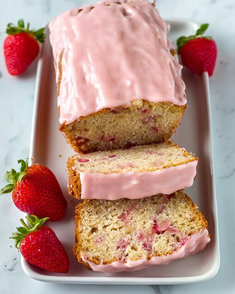 A rectangular loaf cake with three slices cut at the front is placed on a white rectangular plate, all topped with a smooth, pale pink frosting layer that covers the entire top and drips slightly down the sides. The cake inside shows a light, soft crumb with bits of strawberries mixed throughout, giving a speckled pink and red pattern inside the beige cake. The cake and plate are set on a white marbled surface, with fresh bright red strawberries positioned to the left and right of the loaf, adding vibrant color and freshness to the scene. Photo taken with an iphone --ar 4:5 --v 7