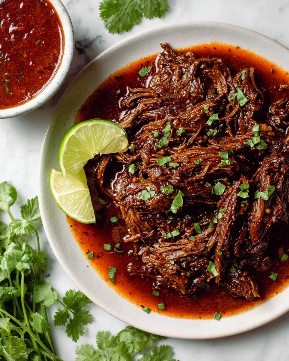 The image shows a close-up of shredded meat covered in a rich, dark reddish-brown sauce with a glossy texture, spread thickly on a white plate. The meat strands are well separated and tender-looking with small bits soaked in sauce, topped with scattered green cilantro leaves for a fresh touch. Around the meat, some coarse salt crystals sparkle lightly on the surface. In the blurred background, there are two lime wedges adding a pop of yellow-green color. The plate sits on a white marbled surface, enhancing the vibrant colors of the food. Photo taken with an iphone --ar 4:5 --v 7