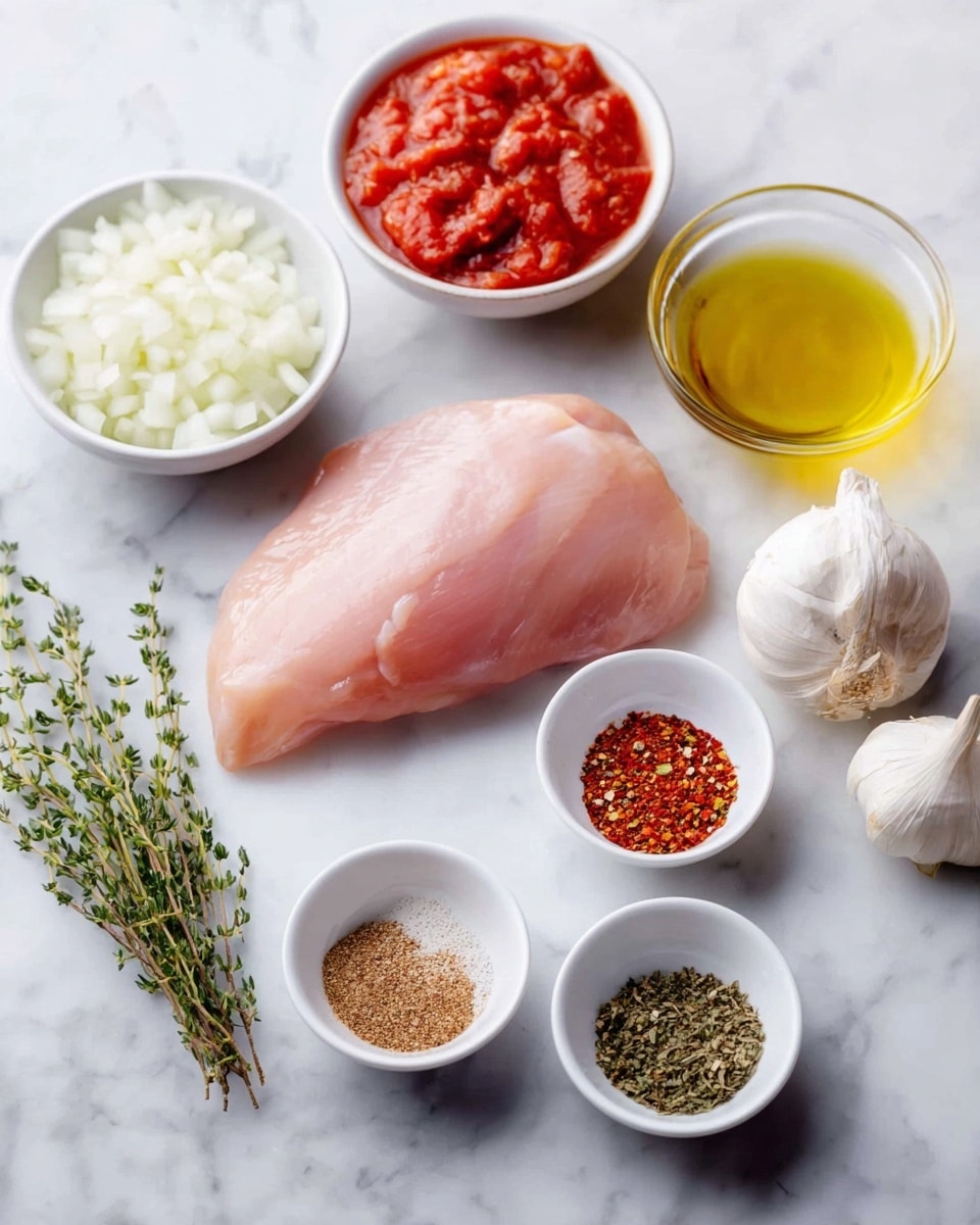 The image shows a single raw light pink chicken meat piece placed in the center on a white marbled surface, surrounded by several small white bowls each holding different ingredients: finely chopped white onions in a bowl behind to the left, bright red chunky tomato sauce in a bowl to the front right, golden yellow olive oil in a clear glass bowl at the back right, and three small white bowls in front containing various spices—one with a mix of brown spices, one with green dried herbs, and one with a mix of salt and black pepper. Two whole garlic bulbs and sprigs of fresh green thyme are also placed at the back near the onion bowl. The composition is clean and bright, with all items arranged neatly and the focus on the raw chicken piece. Photo taken with an iphone --ar 4:5 --v 7