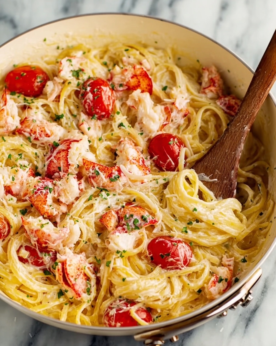 The image shows a close-up of a creamy pasta dish in a white pan on a white marbled surface. There are about three layers visible: the bottom layer is creamy light yellow pasta noodles, the middle layer has bright red cherry tomatoes that look soft and juicy, and the top layer has chunky pieces of pink and white lobster meat spread around. Small green herb bits are sprinkled all over the dish, adding color contrast. A wooden spoon is resting on the side of the pan, partly in the pasta. Photo taken with an iphone --ar 4:5 --v 7