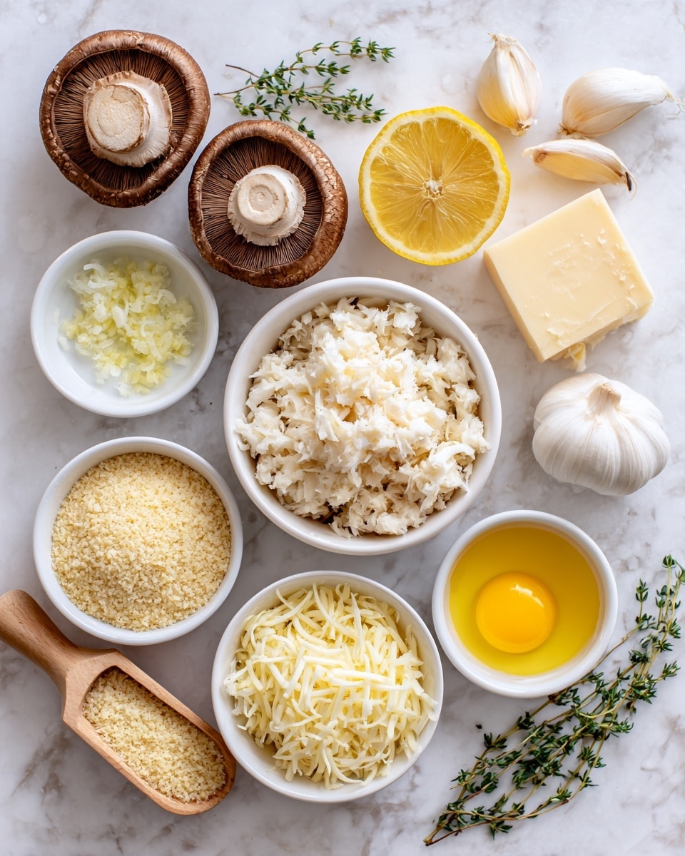 The image shows several small white bowls and ingredients arranged on a white marbled surface. In the center is a white bowl filled with light beige crab meat pieces. Around it, clockwise from the top are a half lemon with a bright yellow inside, a block of pale yellow cheese, a small white bowl with minced garlic, another white bowl with a yellow beaten egg mixture, a white bowl with small white chopped onion pieces, and a white bowl with shredded cheese that is light yellow. There is also a wooden scoop filled with light golden panko breadcrumbs near the bottom. Two large brown portobello mushrooms are placed on the top left and bottom right corners. A small sprig of green thyme is placed next to the onion bowl. The setup looks clean and organized. photo taken with an iphone --ar 4:5 --v 7