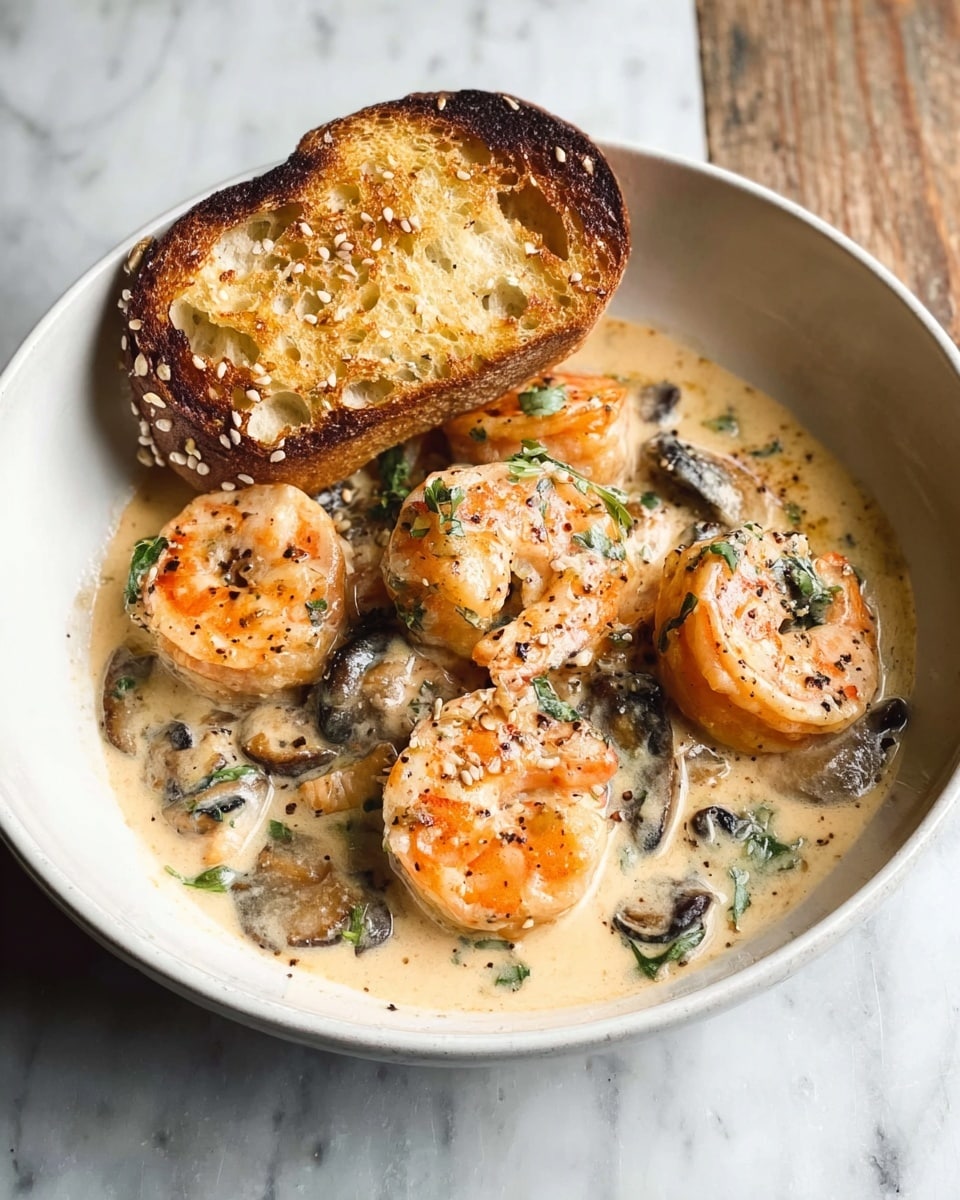 A white bowl on a white marbled surface holds a creamy dish with four large, orange shrimp covered in a light beige sauce with visible pieces of dark mushrooms and green herbs mixed in. On the top side inside the bowl, there is a slice of toasted bread with a golden brown crust and sesame seeds on top. The sauce looks thick and smooth, pooling around the shrimp and bread, with some black pepper sprinkled on the shrimp. The photo taken with an iphone --ar 4:5 --v 7