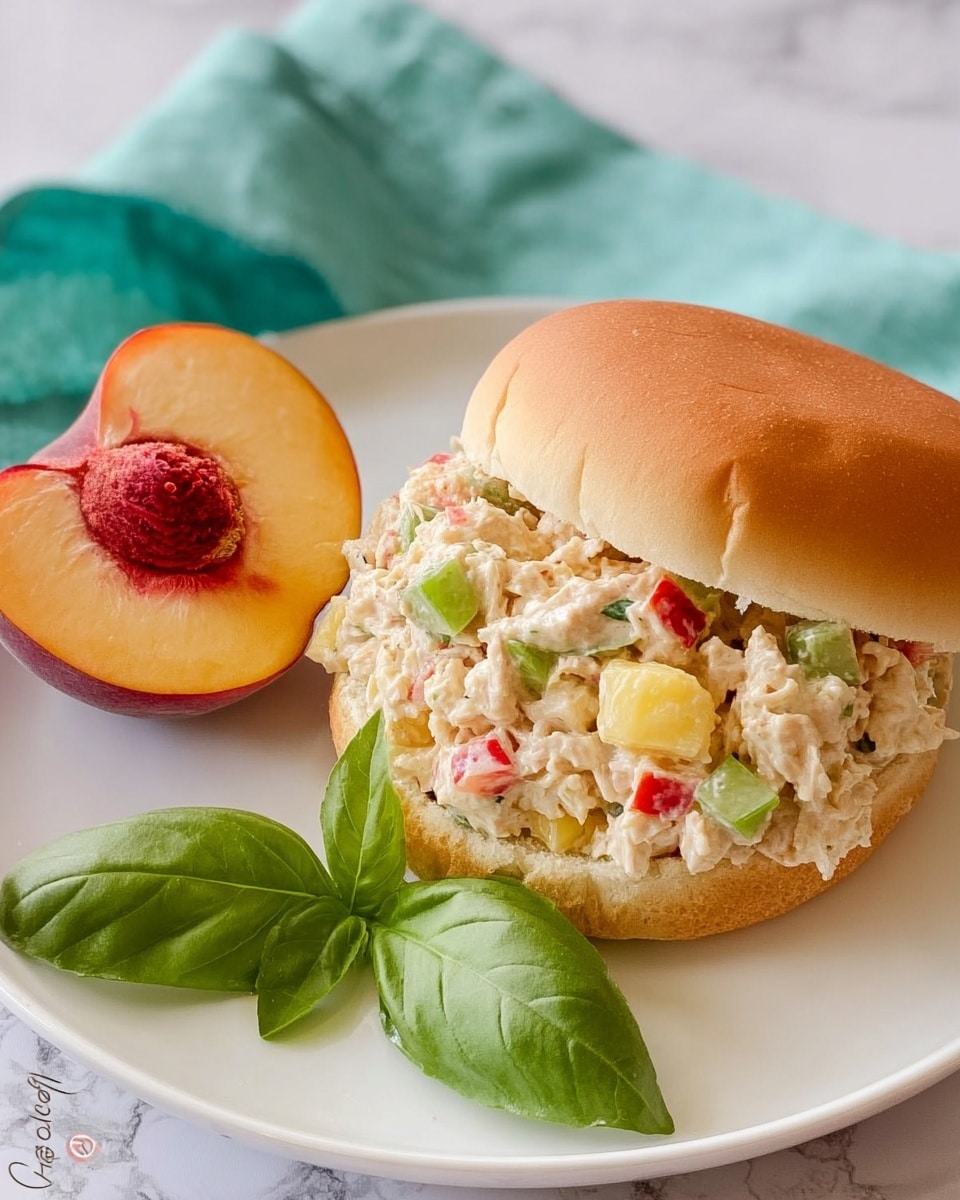 A white plate holds a sandwich with a soft light brown bun, the bottom bun topped with a creamy chicken salad mixed with small pieces of green celery, red bell pepper, and yellow pineapple chunks, giving a mix of light off-white, green, red, and yellow colors with a chunky texture; next to the sandwich, there is a half peach with a reddish center and yellow flesh, accompanied by two fresh green basil leaves, all set on a white marbled surface with a turquoise cloth partially visible in the background. Photo taken with an iphone --ar 4:5 --v 7
