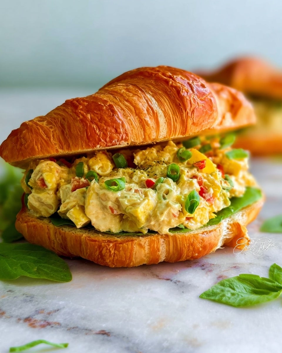 The image shows a sandwich made with a golden, flaky croissant that is cut in half horizontally. Inside, there is a creamy mixture with chunks of yellow and red pieces, along with chopped green onions sprinkled on top. The croissant is placed on a white marbled surface with some green leaves nearby for garnish. The sandwich filling is piled high, showing a rich texture and a mix of soft and fresh ingredients. Photo taken with an iphone --ar 4:5 --v 7