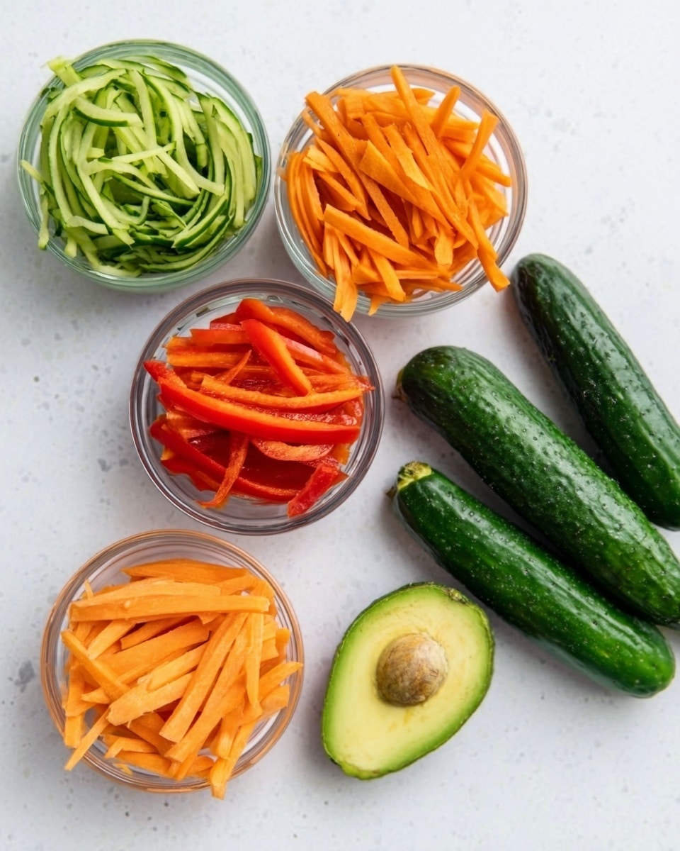 The image shows five small clear glass bowls arranged on a white marbled surface. Four of the bowls contain thin, evenly sliced vegetable strips: bright orange carrot sticks, light orange sweet potato sticks, green cucumber sticks, and red bell pepper sticks. To the right of the bowls, there are three whole dark green cucumbers and one half avocado showing light green creamy inside with the seed removed. The overall look is clean, fresh, and colorful with a mix of orange, green, and red hues. Photo taken with an iphone --ar 4:5 --v 7