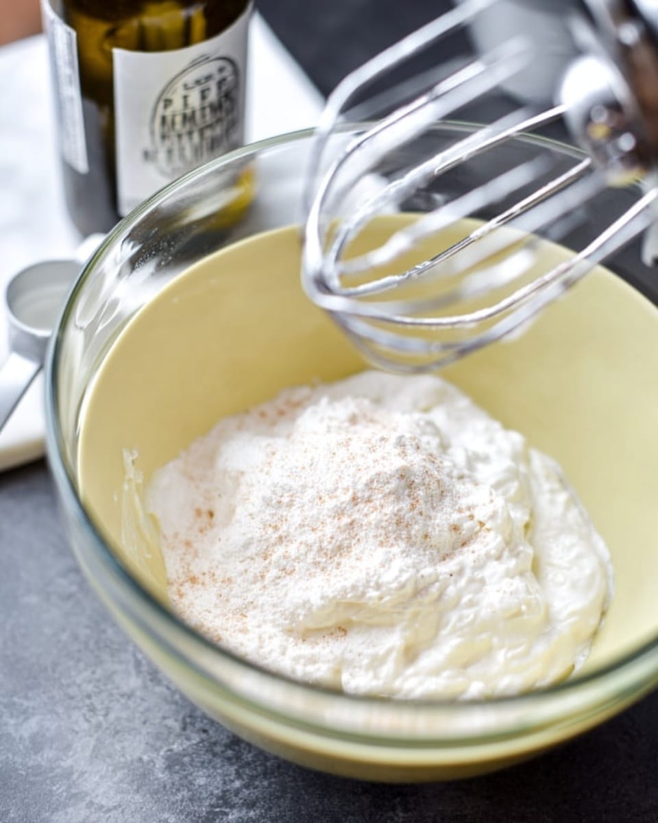 The image shows a clear glass bowl on a white marbled surface. Inside the bowl, there is one thick white layer of a creamy substance at the bottom. A woman's hand holding a whisk is visible at the top left corner, ready to mix the contents. In the second part of the image, an orange liquid is being poured into the bowl, landing on top of the white creamy layer, creating a second glossy layer. The whisk remains positioned above the bowl, about to stir the mixture. Photo taken with an iphone --ar 4:5 --v 7