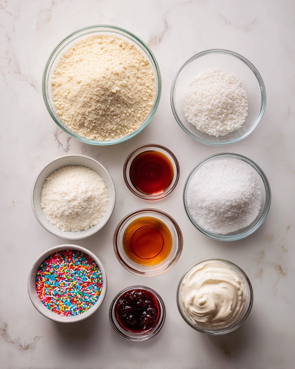 The image shows nine small glass bowls arranged on a white marbled surface. At the top left is a large glass bowl filled with light beige almond flour, with the label above it. To its right is an empty space with a note about butter missing from the photo. Below almond flour, in the center, is a medium bowl of bright white sweetener powder, and to its right is a small bowl of dark amber vanilla liquid. Below sweetener is a smaller bowl with white coconut flour. Next to it on the left is a very small bowl with white salt powder. Below these, centered, is a bowl with dark reddish-brown sugar free jam. At the bottom left are rainbow-colored sprinkles inside a small metal bowl. To the bottom right is a small glass bowl with off-white heavy cream. The scene is clean and well-lit, with all bowls seen from a top view and labeled with simple black text. photo taken with an iphone --ar 4:5 --v 7