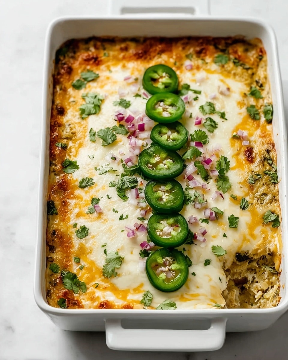 A white rectangular baking dish holds a layered casserole with a creamy cheese top layer melted to a light golden color. The top is decorated with four slices of green jalapeño peppers lined up down the center, sprinkled with small pieces of chopped red onion and bits of fresh green cilantro. Beneath the cheese, the layers show a mix of textures with visible bits of green herbs and a slightly browned edge from baking. The dish sits on a white marbled surface, giving a clean and bright background photo taken with an iphone --ar 4:5 --v 7
