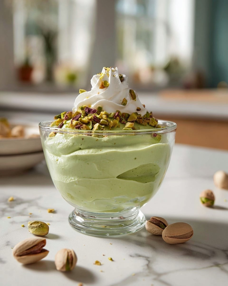 A small glass bowl stands filled with two thick layers of light green creamy mousse, with visible whole pistachio nuts pressed into the bottom layer. On top of the mousse is a small mound of chopped pistachios in green and brown shades, alongside a dollop of white whipped cream with smooth peaks. The bowl rests on a white marbled surface, with several whole pistachio nuts scattered around it. The background shows a soft focus of a kitchen counter with a blurred stove and window, with soft natural light coming in. photo taken with an iphone --ar 4:5 --v 7