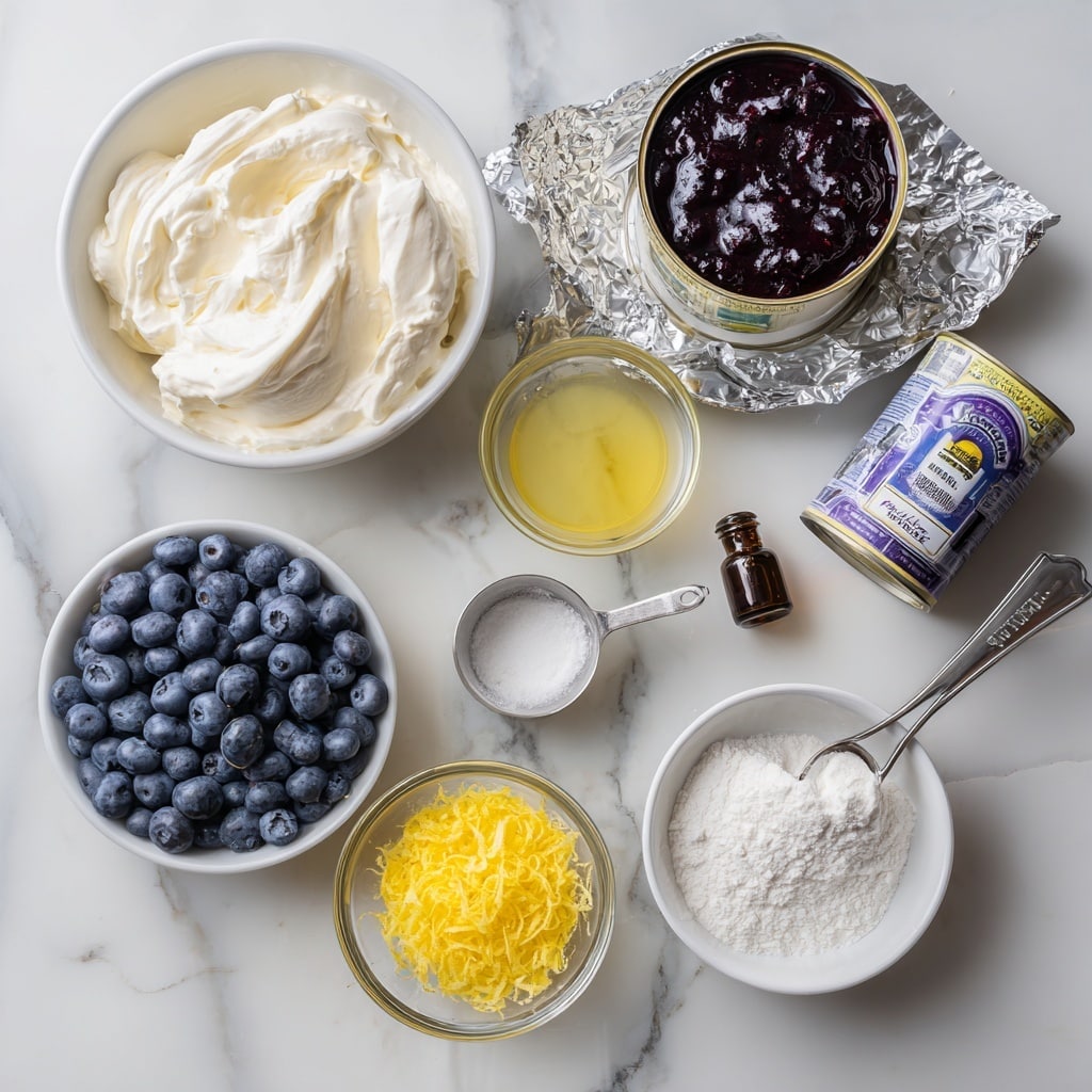 The image shows a top view of various ingredients arranged neatly on a white marbled surface. There is a white bowl filled with creamy whipped topping at the top left, a small white bowl full of fresh blueberries at the bottom left, and an open can of dark blueberry pie filling at the top right. Near the center, silver foil is partially unwrapped from a block of cream cheese. A small metal measuring cup holds sour cream, and next to it is a tiny dark brown bottle of vanilla. Clear glass bowls contain lemon juice and bright yellow lemon zest, and a larger white bowl holds powdered sugar with a small sifter resting on top. Each ingredient is labeled clearly with black text in front of them, providing their amounts. The setup is clean and well-organized. Photo taken with an iphone --ar 4:5 --v 7