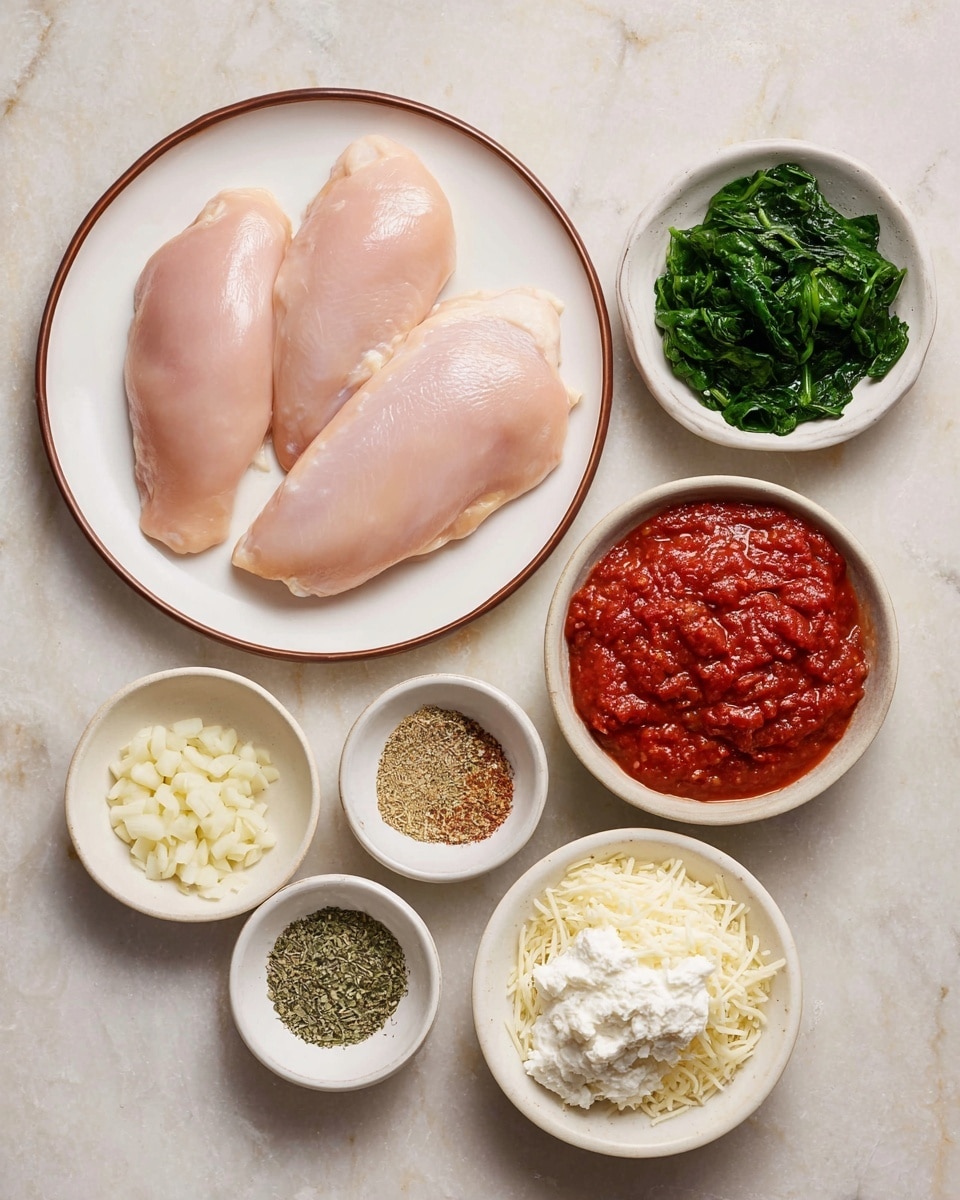 The image shows three raw chicken pieces placed side by side on a white plate with a thin brown rim, positioned near the top left. Below and to the right, there are six small white bowls with different ingredients: finely chopped garlic in the smallest bowl at the bottom left, chopped green leafy spinach in a medium bowl just above it, a deep bowl of red tomato sauce to the right of the spinach, a bowl of white ricotta cheese to the lower right of the sauce, a smaller bowl filled with shredded cheese below the ricotta, and a small plate holding mixed dried herbs and spices towards the bottom left. All items are arranged neatly against a white marbled surface. photo taken with an iphone --ar 4:5 --v 7