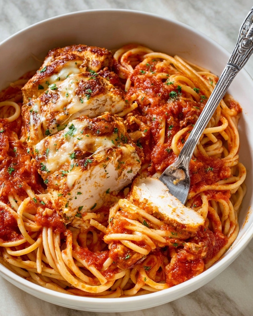 The image shows a white bowl filled with thick spaghetti noodles mixed with bright red tomato sauce that looks chunky and fresh. On top, there are several thick slices of cooked chicken covered in a golden-brown baked layer of melted cheese and herbs, with some parsley sprinkled around for color. A fork with a detailed silver handle is stuck into the spaghetti near the chicken slice, pulling some noodles and sauce. The bowl is placed on a white marbled surface, making the colors of the dish stand out clearly. Photo taken with an iphone --ar 4:5 --v 7