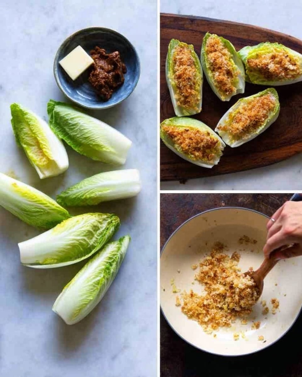 The image shows three stages of preparing stuffed endive leaves on a white marbled surface. On the left, six fresh pale green endive leaves are arranged around a small bowl filled with dark brown paste and a piece of butter. In the middle, four endive leaves are placed on a wooden board, each filled with a golden brown cooked mixture that looks crispy on top. On the right, a white pan contains small golden toasted crumbs being stirred with a wooden spoon held by a woman's hand. Photo taken with an iphone --ar 4:5 --v 7