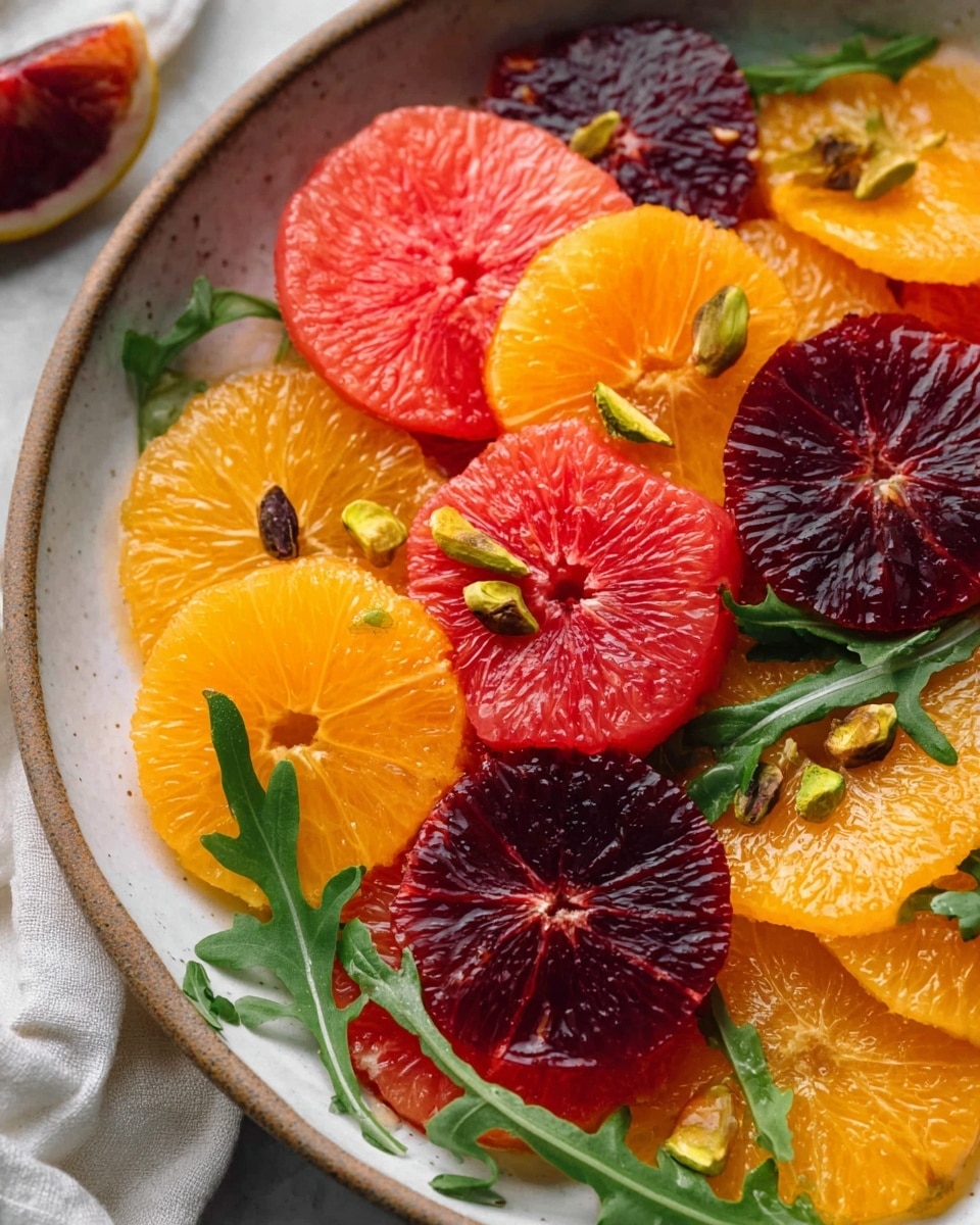 The image shows a close-up of a fruit salad in a white bowl on a white marbled surface. The dish has two layers: the bottom layer is made of thin bright orange orange slices perfectly spread out, while the top layer has smaller, glossy dark red blood orange slices and bright pink grapefruit segments. Scattered green arugula leaves and a few dark green pistachio nuts add color contrast and texture, giving the salad a fresh and vibrant look. Photo taken with an iphone --ar 4:5 --v 7