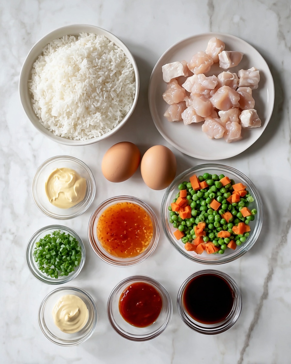 The image shows a white bowl full of fluffy white rice on the top left, next to a white plate with raw cubed light pink chicken pieces on the top right. Below, near the center, there are two brown eggs side by side on the white marbled surface. Around them are small clear glass bowls containing different ingredients: bright green chopped scallions on the bottom left, creamy pale yellow mayonnaise in the middle, a shiny orange sweet chili sauce to the right of the mayo, thick dark brown soy sauce next to the chili sauce on the bottom right, and a deep red sauce at the bottom center. Above these bowls, on the right, is a clear bowl with frozen green peas and diced orange carrots. Photo taken with an iphone --ar 4:5 --v 7