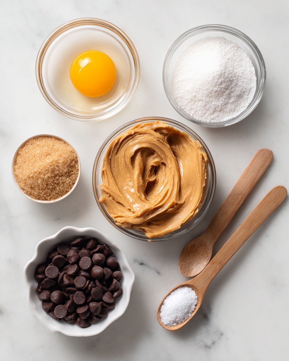 The image shows seven ingredients arranged neatly on a white marbled surface. At the center is a glass bowl of creamy peanut butter, smooth and light brown. To the top left, there is a small glass bowl with a single egg, its bright yellow yolk visible. Below the egg is a glass bowl filled with white granulated sugar. To the right of the sugar, there is a glass bowl with light brown sugar that looks soft and slightly clumped. Below the peanut butter, there is a small white bowl of dark milk chocolate chips, shiny and round. Finally, at the bottom right, two small wooden spoons hold salt and baking soda, both white powders in small amounts. Everything is spaced out clearly on the white marbled surface. photo taken with an iphone --ar 4:5 --v 7