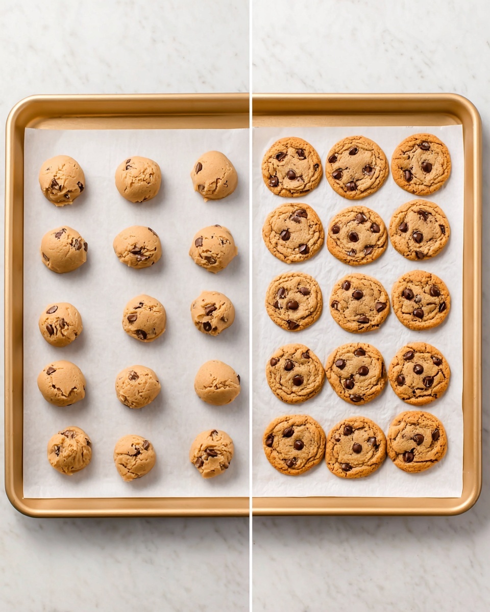 The image shows a gold baking tray lined with white parchment paper, holding twelve round cookie dough balls evenly spaced in a 3x4 grid, each ball light brown with dark spots from chocolate pieces. Next to it, the same tray is shown after baking, with twelve golden brown cookies that are flat and round, with visible melted chocolate chips on top and slight cracks on the surface. Both trays sit on a white marbled surface. photo taken with an iphone --ar 4:5 --v 7
