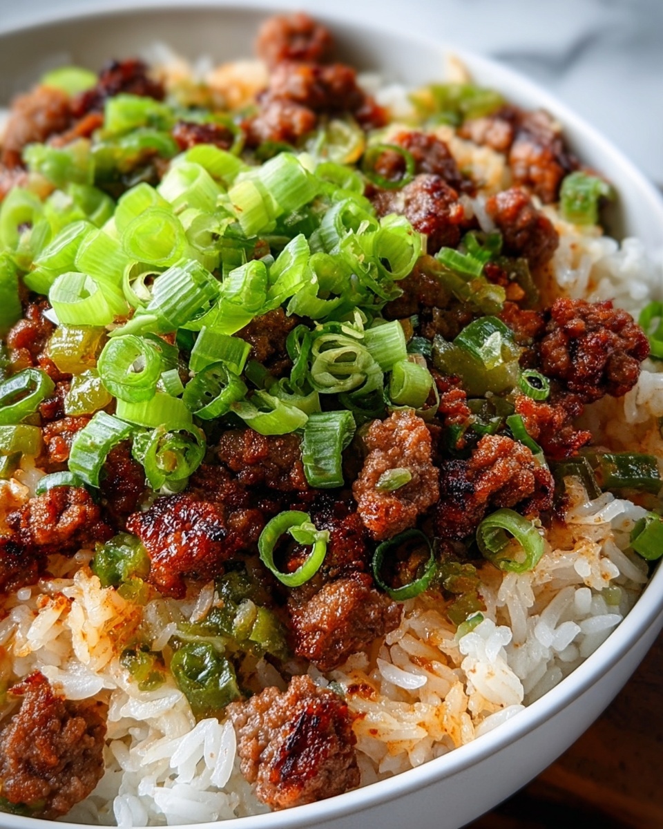 A close-up view of a bowl filled with white rice mixed with browned meat pieces and small green celery chunks, topped with bright green sliced scallions, showing a mix of textures with soft rice, crispy meat edges, and fresh crunchy vegetables. The bowl is white and sits on a white marbled surface. The image focuses on the food layers giving a fresh, warm, and inviting feel. photo taken with an iphone --ar 4:5 --v 7