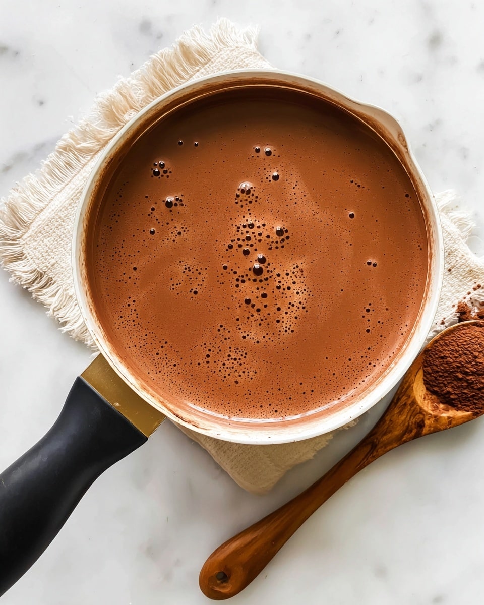 Top view of a white saucepan filled with hot, smooth brown chocolate liquid with small bubbles on the surface. The pan has a black handle and sits on a small piece of rough beige fabric on a white marbled surface. Beside the pan, a wooden spoon with a dark brown powdered substance rests on the same surface. photo taken with an iphone --ar 4:5 --v 7