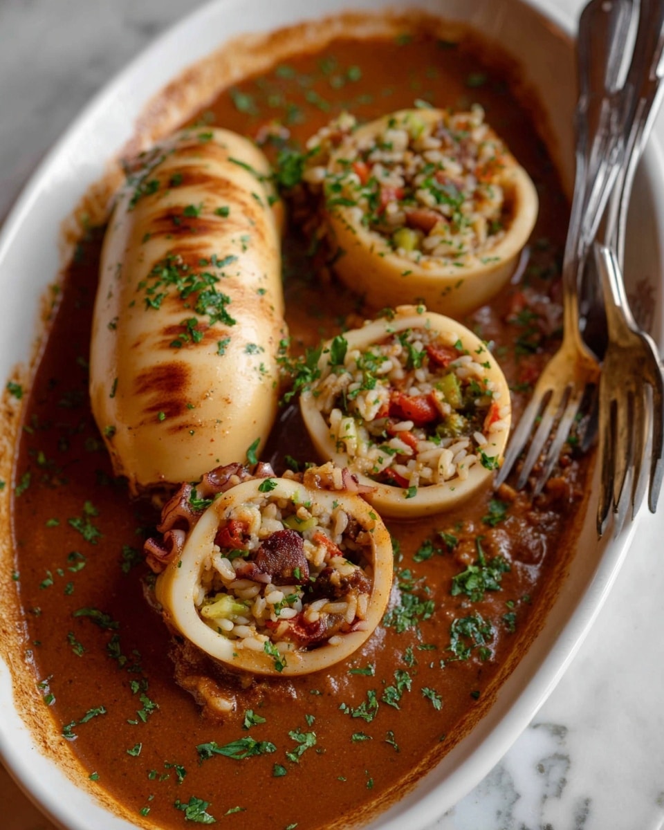 A white oval dish holds a stuffed squid with three round slices cut from the main roll, all filled with a mixture of rice, small pieces of red and green vegetables, and herbs. The squid has a smooth, light brown outer skin with grill marks on top. The dish is covered with a thick, rich brown sauce that has a slightly glossy texture and is sprinkled with finely chopped green herbs. A silver fork and knife rest on the side of the dish, which is placed on a white marbled surface. Photo taken with an iphone --ar 4:5 --v 7