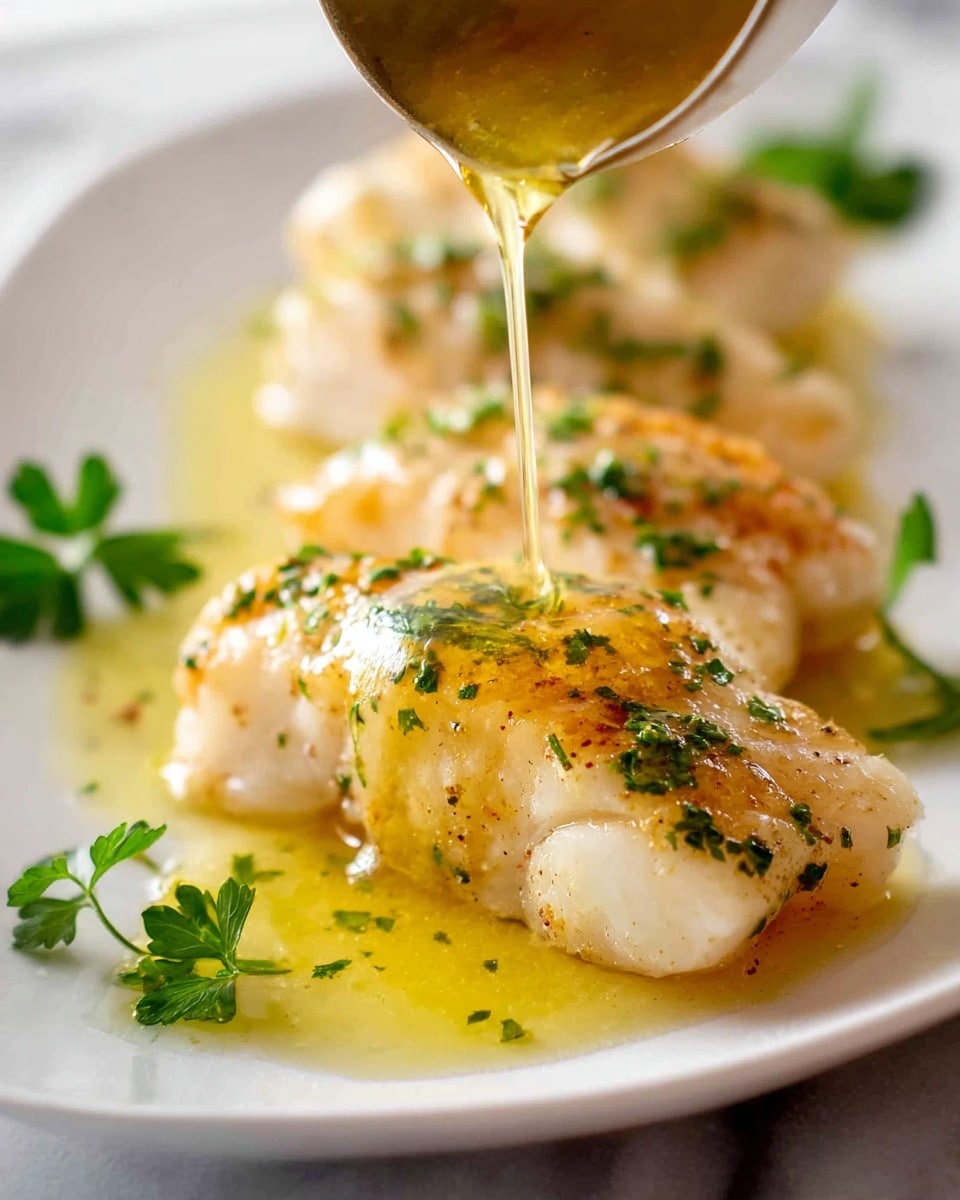 The image shows three pieces of light golden fish fillets arranged in a row on a white plate, each piece topped with finely chopped green herbs. A golden-yellow sauce is being poured over the middle fillet from above, creating a shiny and wet texture that glistens on the fish. Small green herb sprigs are placed around the fillets, adding a fresh touch. The whole scene is set on a white marbled surface, giving a clean and elegant look. photo taken with an iphone --ar 4:5 --v 7