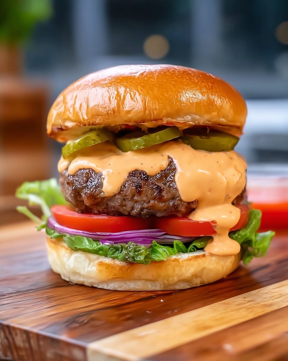 A burger with five main layers on a wooden surface: at the bottom a soft white burger bun, topped with fresh green lettuce leaves, a few slices of red tomato, and thin purple onion rings; on top of these lies a cooked beef patty covered with a creamy orange sauce dripping slightly; above the sauce are three green pickle slices; finishing with a shiny, golden-brown burger bun on top. Photo taken with an iphone --ar 4:5 --v 7