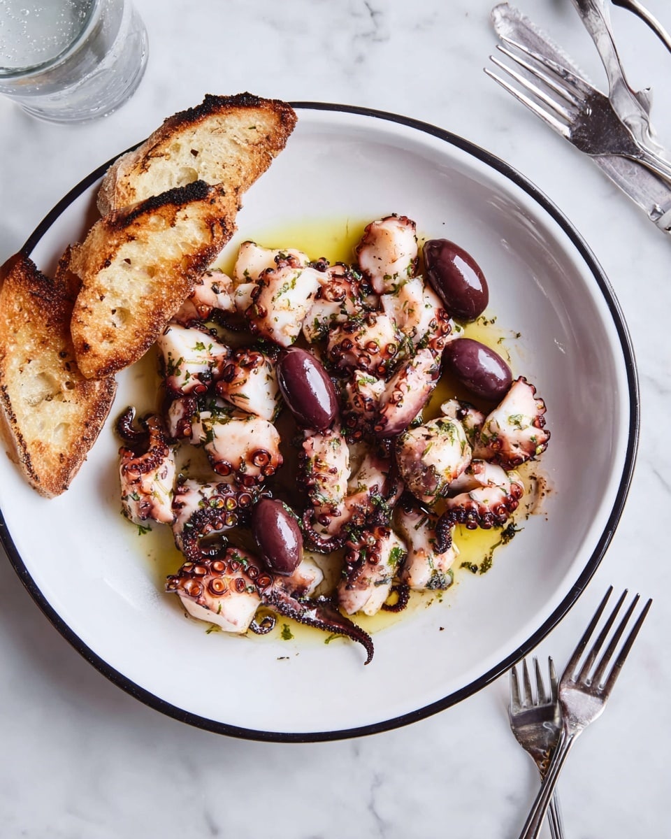 A white plate with three large curled octopus tentacles arranged in a loose spiral shape, showing their textured suckers and purplish-pink skin. The tentacles sit on a light drizzle of golden olive oil that shines under the light. Scattered around the tentacles are several dark black olives providing contrast in color and shape. The plate rests on a white marbled surface with a blurry patch of outdoor natural ground visible in the background. Photo taken with an iphone --ar 4:5 --v 7