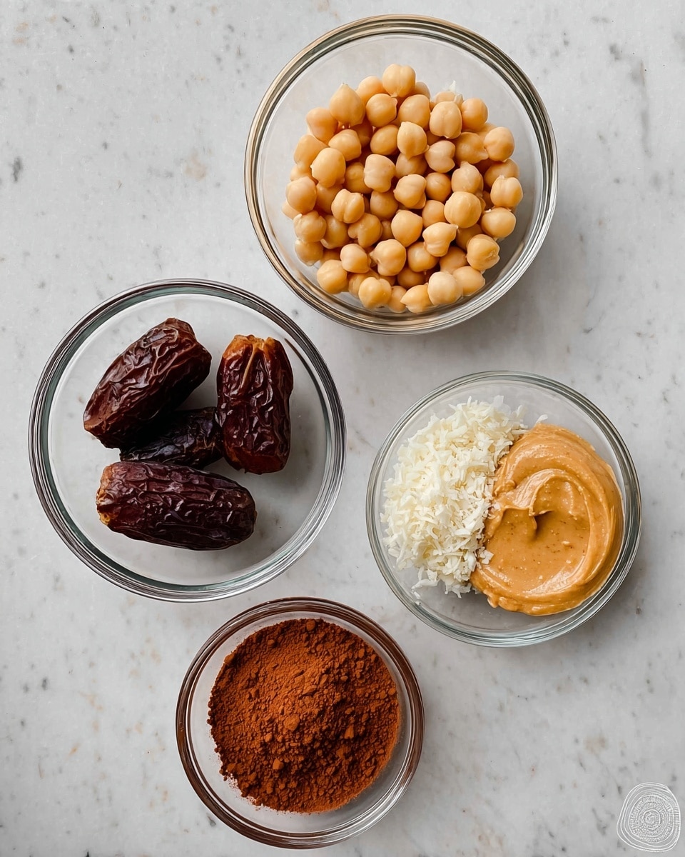 Five clear glass bowls are arranged on a white marbled surface. The top bowl holds a pile of light beige chickpeas, each round and smooth in texture. Below it, to the left, is a bowl filled with four dark brown, wrinkled dates. To the right of the dates, a smaller bowl contains fine, white shredded coconut. Below the coconut, a bowl holds a smooth, light beige peanut butter with a slightly shiny surface. To the left of the peanut butter, the last bowl contains rich brown cocoa powder that looks soft and loose in texture. Photo taken with an iphone --ar 4:5 --v 7