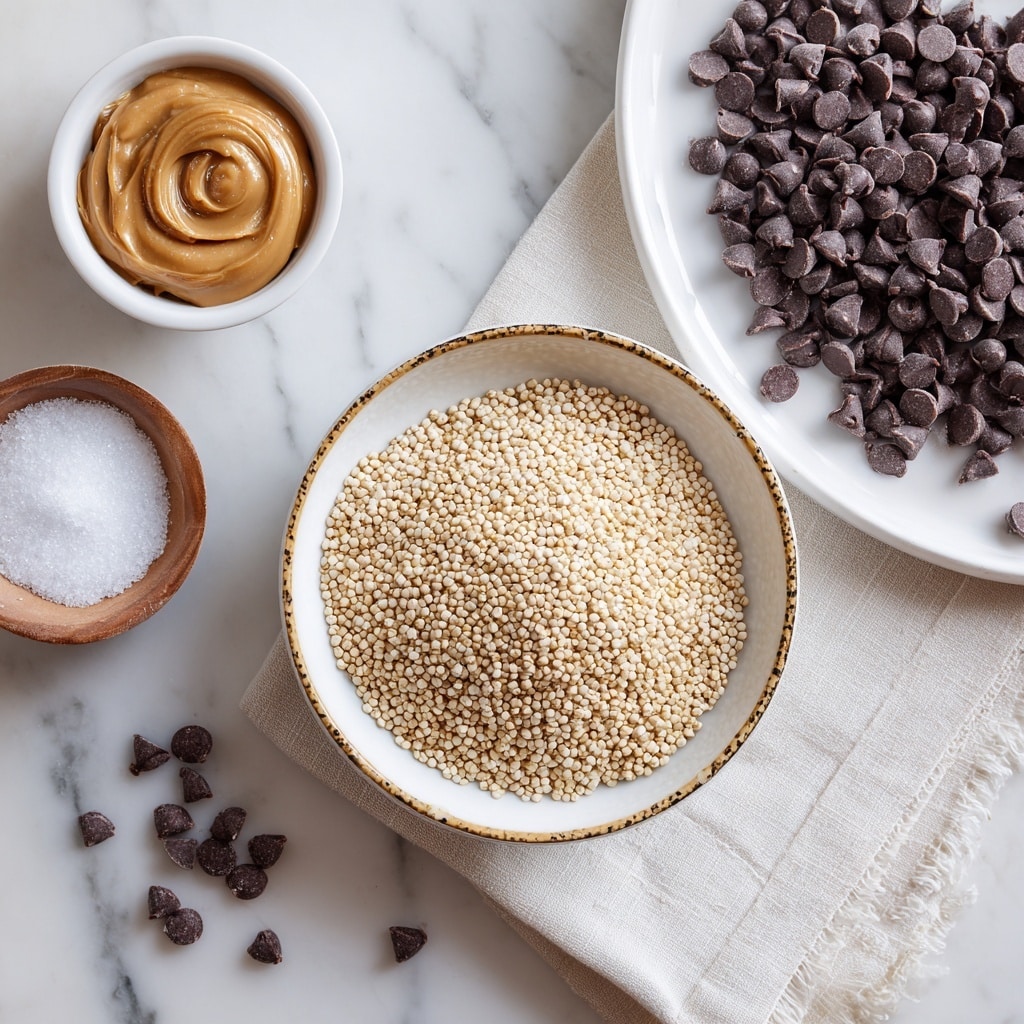 A white bowl filled with small, round, light beige popped quinoa sits on a white cloth with subtle stitching, all placed on a white marbled surface. Nearby, on a large white plate with a delicate gold rim, there are three separate elements: a small white cup filled with smooth peanut butter in the top left area, a small bowl with flaky white salt positioned at the bottom left, and a large pile of dark brown chocolate chips covering the right side of the plate, with a few chips spilled onto the white marbled surface below. photo taken with an iphone --ar 4:5 --v 7