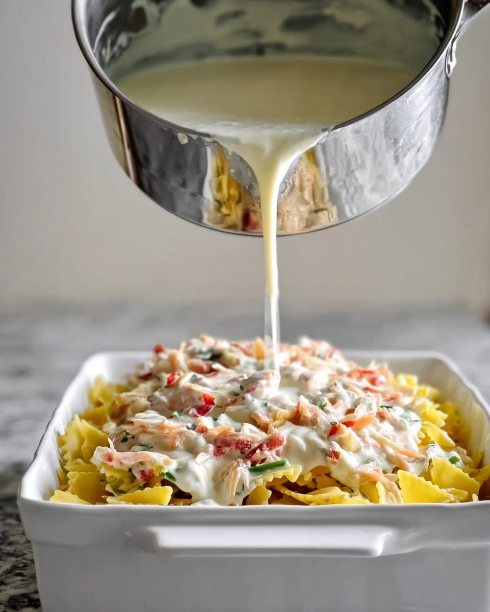 The image shows a close-up of a white dish filled with layered pasta. The bottom layer is yellow pasta pieces, topped with a thick creamy white sauce mixed with bits of red and green, likely vegetables or herbs. A metal saucepan held above the dish is pouring more creamy white sauce over the layers. The background is a soft blurred area, and the dish is placed on a white marbled surface. photo taken with an iphone --ar 4:5 --v 7