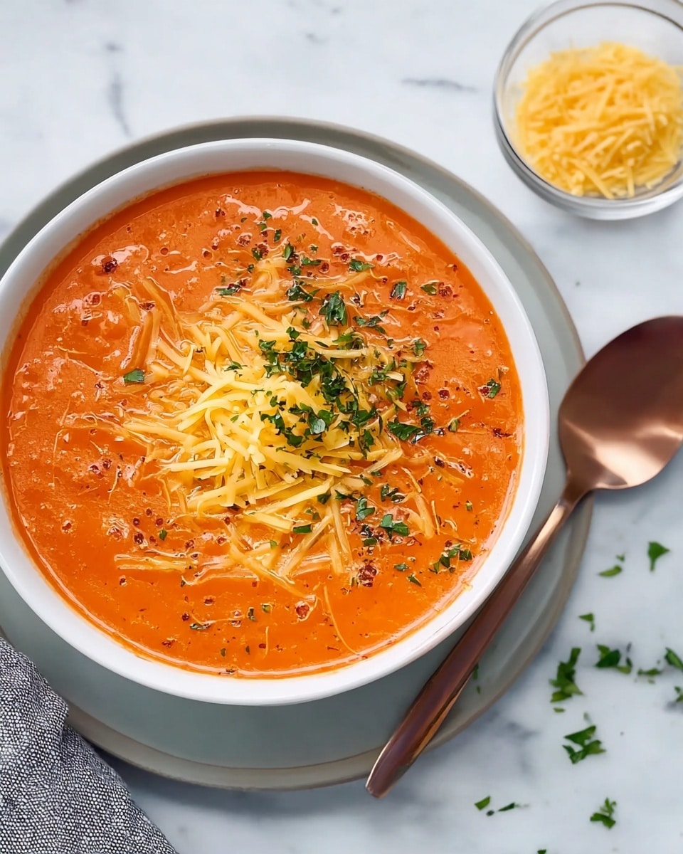 A white bowl filled with bright orange tomato soup that has visible small bits of onion mixed inside. The soup is topped with a pile of shredded yellow cheese and a sprinkle of chopped green herbs. The bowl sits on a light gray plate over a white marbled surface. Next to it, there is a small clear glass bowl with more shredded yellow cheese and a copper-colored spoon nearby. Some scattered green herb pieces are also on the marbled surface. photo taken with an iphone --ar 4:5 --v 7