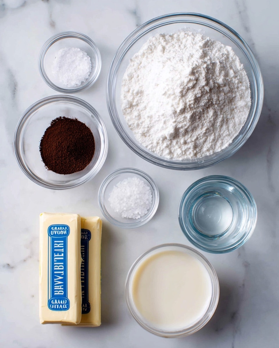The image shows six ingredients arranged on a white marbled surface. In the top right corner, there is a large clear glass bowl filled with white powdered sugar, with a powdery texture. Below and slightly to the left, a small clear glass bowl contains creamy white milk or cream, smooth and shiny. To the left of that, another small clear glass bowl holds dark brown instant coffee powder, finely ground. Above it, a tiny clear glass bowl has white salt crystals. Below these, a small clear glass bowl contains clear hot water. On the left side of the image, two rectangular sticks of pale yellow butter with