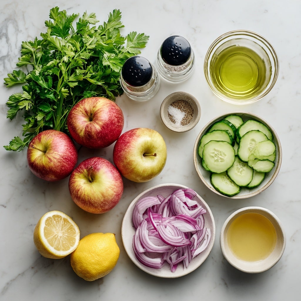 The image shows fresh ingredients placed on a white marbled surface. There is a bunch of bright green parsley on the left, three whole apples with red and yellow skin just below it, and a bowl of light green cucumber slices to the right. Two glass containers with black lids hold pepper and salt at the top center. Below them, there is a halved red onion and a small white bowl filled with thinly sliced red onions. Near the bottom left, a whole yellow lemon and a half lemon are next to a small clear bowl of lemon juice. A small bowl with golden honey is placed near the center. Photo taken with an iphone --ar 4:5 --v 7