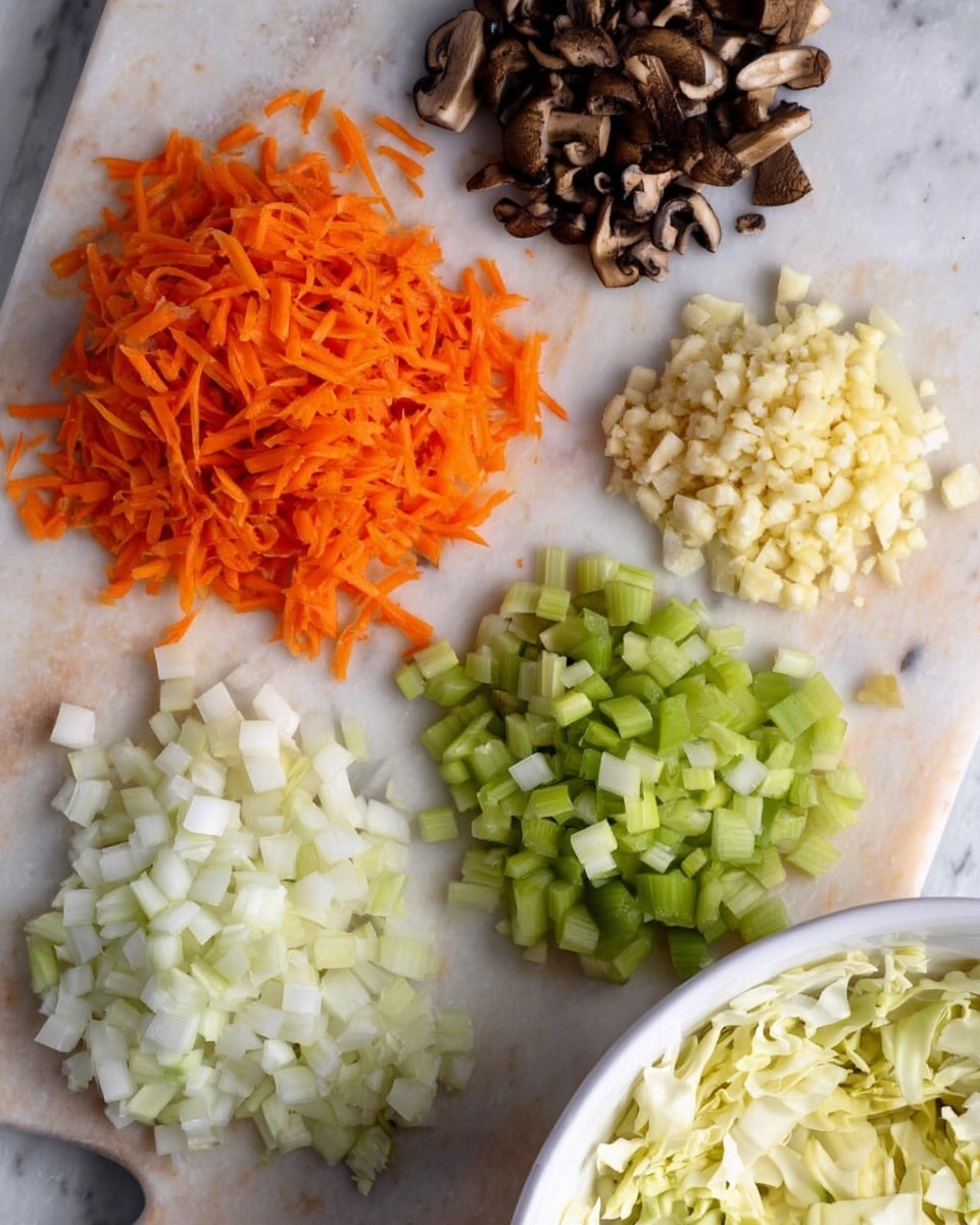 The image shows five piles of chopped and shredded vegetables on a white marbled surface. At the top is a small pile of dark brown chopped mushrooms. Below that, slightly to the left, is a large pile of bright orange shredded carrots with thin, long pieces. To the right of the carrots is a large pile of light green chopped celery in small square pieces. Below the celery is a small pile of light beige chopped garlic, finely diced. To the left of the garlic is a pile of white chopped onions with small square pieces. At the bottom right corner, part of a white bowl is visible, filled with shredded pale yellow cabbage. The photo taken with an iphone --ar 4:5 --v 7
