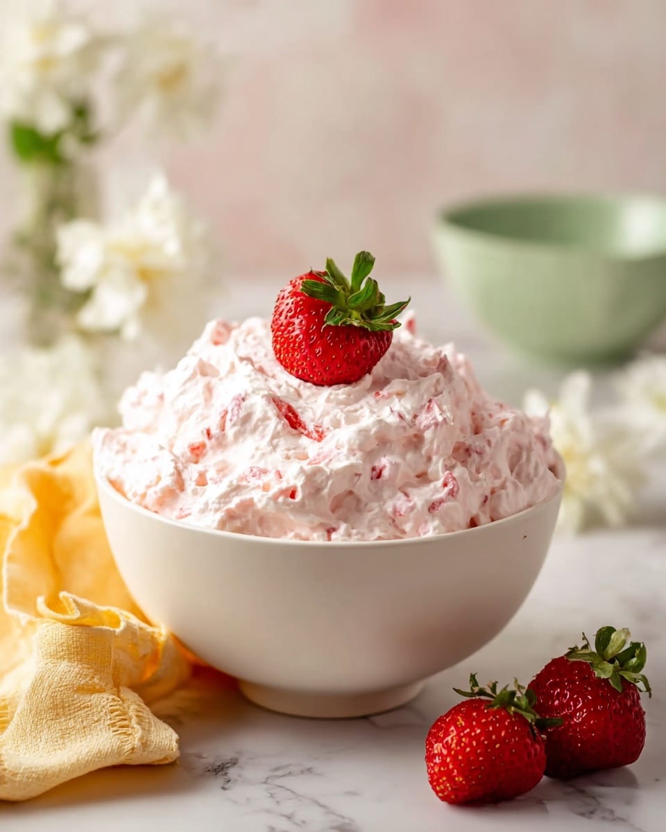 A white bowl filled with a creamy, fluffy pink mixture with small red fruit bits mixed in, topped with one whole red strawberry with green leaves. The bowl sits on a white marbled surface with two whole strawberries placed beside it on the right, and a soft yellow cloth is tucked beside the bowl on the left. The background shows soft, blurry white flowers and a pale green bowl. photo taken with an iphone --ar 4:5 --v 7