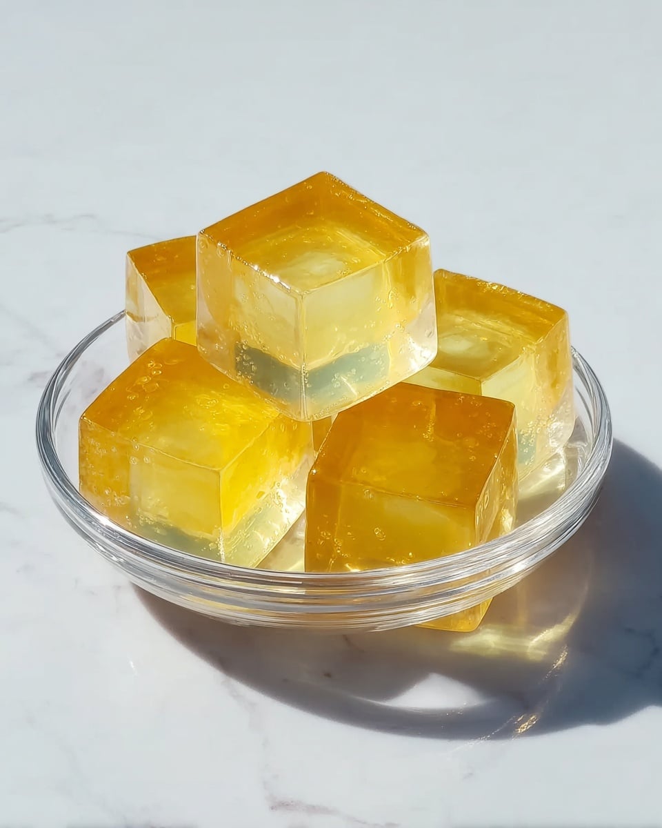 The image shows a clear glass bowl filled with six shiny golden translucent jelly cubes. The cubes are smooth with sharp edges and slightly different shades of golden yellow, stacked with three cubes forming the bottom layer and three cubes on top arranged unevenly. The bowl sits on a white marbled surface, and soft natural light creates faint shadows under the bowl and subtle reflections inside the jelly cubes, giving them a fresh and translucent look. Photo taken with an iphone --ar 4:5 --v 7