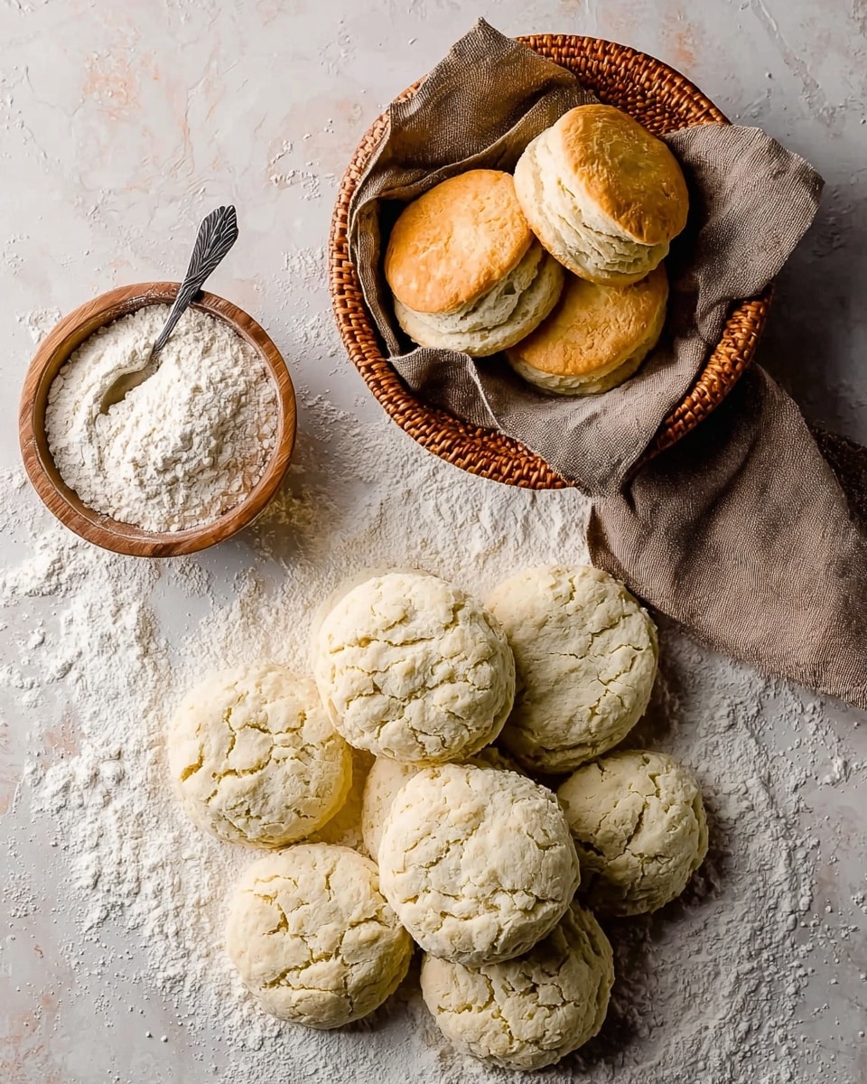 There is a round pile of raw dough biscuits at the bottom center, showing seven pieces arranged closely, with a rough pale cream texture and light cracks on the top. Above them to the right, a small wooden bowl filled with white flour and a silver spoon is placed on the white marbled surface dusted with flour around. At the top right, a round wicker basket lined with a light brown cloth holds four baked golden-brown biscuits stacked softly on each other. The setting gives a fresh baking feel. Photo taken with an iphone --ar 4:5 --v 7