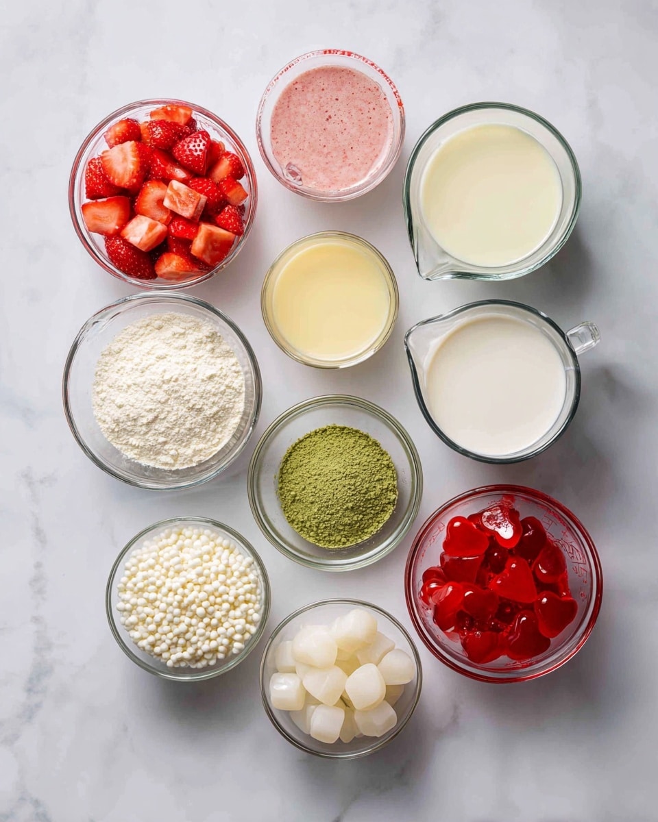 The image shows nine clear glass bowls and measuring cups arranged in two rows on a white marbled surface. The top row from left to right has a bowl of bright red diced fresh strawberries, a measuring cup with light creamy evaporated milk, a small bowl with pale yellow condensed milk, a small bowl with green matcha powder, and a measuring cup filled with white regular milk. The bottom row has a bowl with small white sago pearls, a bowl with translucent white cubed strawberry nata de coco, and a bowl with bright red strawberry jelly hearts. The white marbled texture background and clean glass bowls highlight the colorful ingredients clearly. photo taken with an iphone --ar 4:5 --v 7