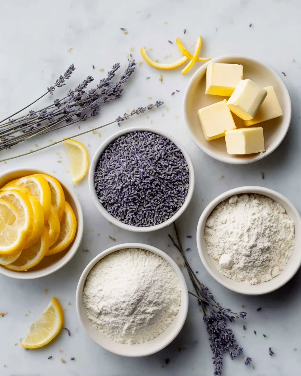 The image shows six small white bowls arranged on a white marbled surface. One bowl contains six bright yellow lemon wedges stacked together, another holds four small cubes of pale yellow butter. Two bowls are filled with dried lavender buds, showing a textured purple color, one bowl with a little more than the other. The last bowl is filled with fine white flour with small lumps. Around the bowls, there are a few lavender sprigs and small yellow lemon peel curls scattered on the surface. Photo taken with an iphone --ar 4:5 --v 7