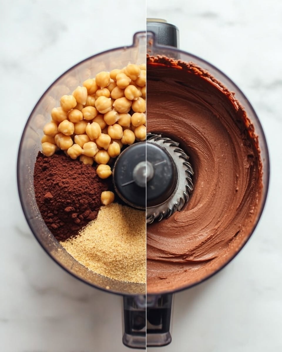 The image shows a black food processor on a white marbled surface, captured from above. On the left side, inside the clear bowl of the processor, there are four separate ingredients: a pile of light golden chickpeas at the top left, a dark brown mound of cocoa powder at the bottom left, a beige powder (likely ground nuts or sugar) at the bottom right, and a scoop of a soft light brown paste on the right side. The blade of the food processor is visible in the center. On the right side of the image, the same food processor bowl contains a smooth, thick, and dark brown mixture evenly blended, showing a creamy texture. The blade is also visible under the mixture, and the surface looks even with a slight swirl. Photo taken with an iphone --ar 4:5 --v 7