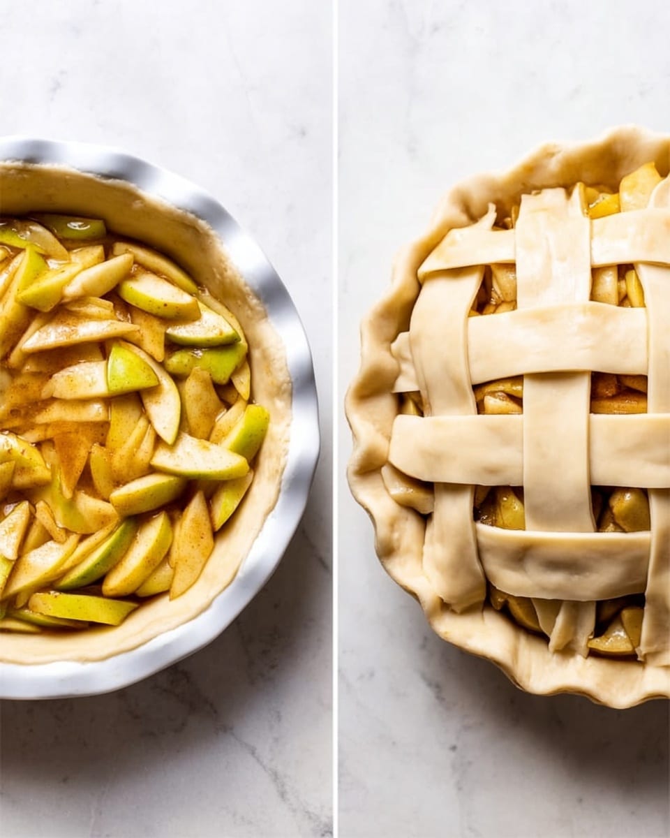 The image shows two side-by-side views of an apple pie before baking, placed on a white marbled surface. On the left is the pie filling inside a white pie dish, with sliced yellow and green apples layered in a rustic way, coated with sugar and spices, all inside a plain pale dough crust lining the dish. On the right is the same pie, now covered with a lattice crust of wide, light beige dough strips woven across the top, showing bits of the warm apple filling underneath through the gaps. The overall look is neat and ready for baking. Photo taken with an iphone --ar 4:5 --v 7