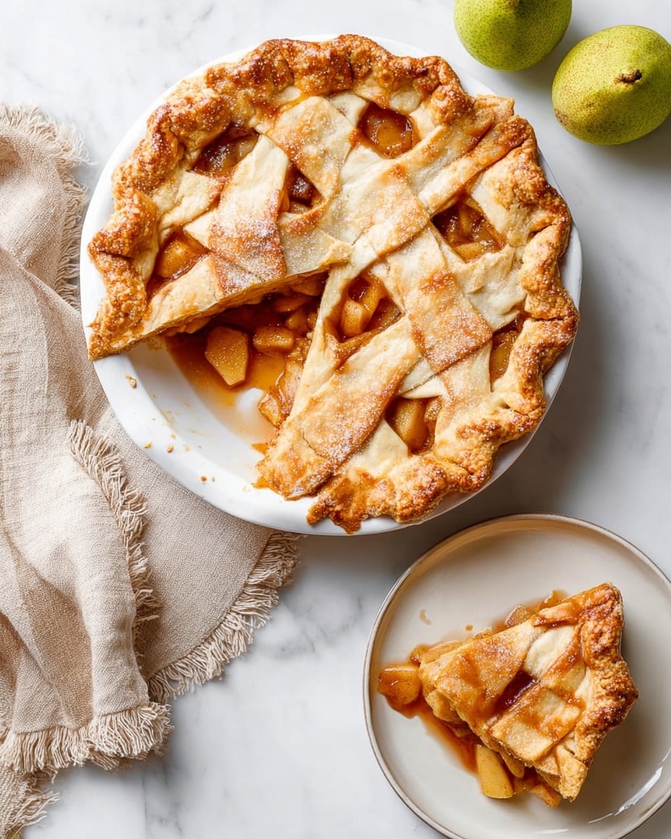 A round apple pie with a golden brown lattice crust sits on a white plate on a white marbled surface, with one large slice removed showing the warm apple filling and cinnamon sauce inside; the lattice top has thick, slightly curved strips of crust, dusted lightly with sugar, and the edges are crimped unevenly. To the right of the pie is a smaller white plate holding one slice of the pie, showing a similar lattice crust and a mix of soft, cooked apple chunks inside the amber sauce. A beige linen cloth with fringes lies to the left side of the pie, with two green pears nearby. Photo taken with an iphone --ar 4:5 --v 7