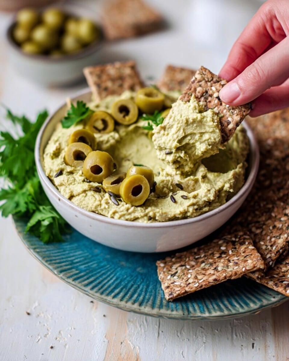A white bowl filled with light green hummus that has a rough texture, topped with sliced green olives arranged on the surface. The bowl sits inside a blue textured dish on a white marbled surface. In the foreground, a woman's hand is holding a rectangular multigrain cracker with seeds, spreading a scoop of the hummus on it. More crackers and fresh green parsley are placed behind the bowl, adding depth to the scene, which has natural and soft lighting. Photo taken with an iphone --ar 4:5 --v 7
