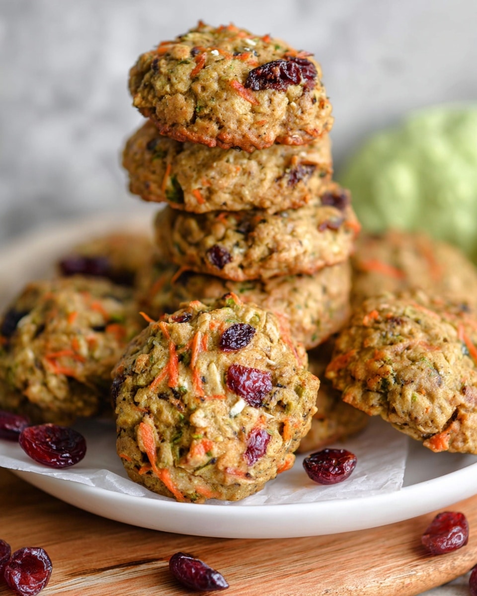The image shows a close-up of a stack of oatmeal cookies with visible carrot shreds and dried cranberries on top and inside. There are about eight cookies in the scene, with five cookies leaning and overlapping on a white plate placed on a wooden surface with white parchment paper underneath. The cookies have a rough texture with specks of green, orange, and dark red. Some cranberries are scattered around the plate. The background is a white marbled texture with a blurry soft green element. The photo was taken with an iphone --ar 4:5 --v 7