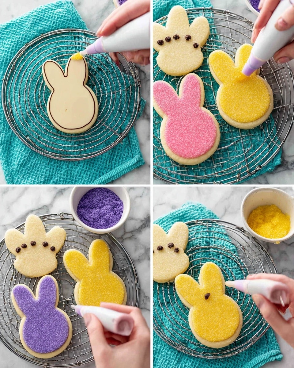 The image shows four stages of decorating bunny-shaped cookies arranged on a round wire rack over a white marbled surface. In the first stage, a plain bunny cookie is being outlined with white icing from a piping bag held by a woman's hand; there are three other cookies nearby: one pink with a coarse sugar texture and three small chocolate dots for eyes and nose, one yellow with the same texture and chocolate dots, and one purple similar to the pink and yellow ones. In the second stage, the white iced bunny is being textured with a small tool, and the other decorated bunnies remain unchanged. The third stage shows a woman's hand dipping a plain bunny cookie into yellow coarse sugar for coating, with purple coarse sugar nearby in a white bowl. The last stage depicts the woman adding small details with chocolate icing onto the yellow-sugar-coated bunny cookie. The overall setting has a teal cloth under the wire rack photo taken with an iphone --ar 4:5 --v 7