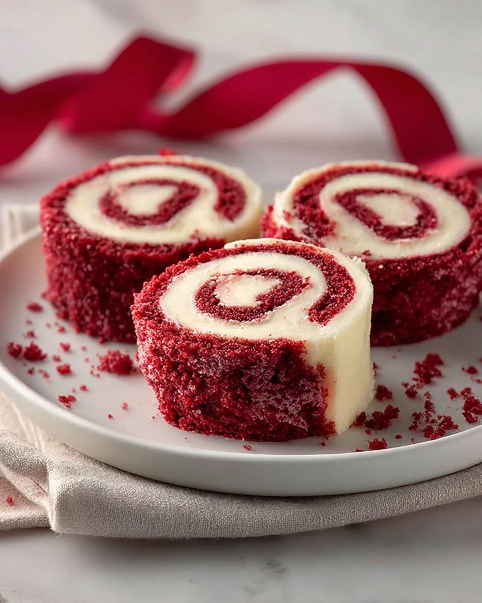 A small round red velvet cake with a deep red crumb texture is shown with a bite taken out of it, revealing a creamy white cheesecake layer inside. The cake has three visible layers: the bottom and top layers are soft, moist red velvet cake, and the middle layer is smooth white cheesecake. The outer surface of the cake is coated with red cake crumbs. The cake sits on a simple white plate with scattered red crumbs around it, all placed on a white marbled surface with a blurry red ribbon in the background. Photo taken with an iphone --ar 4:5 --v 7